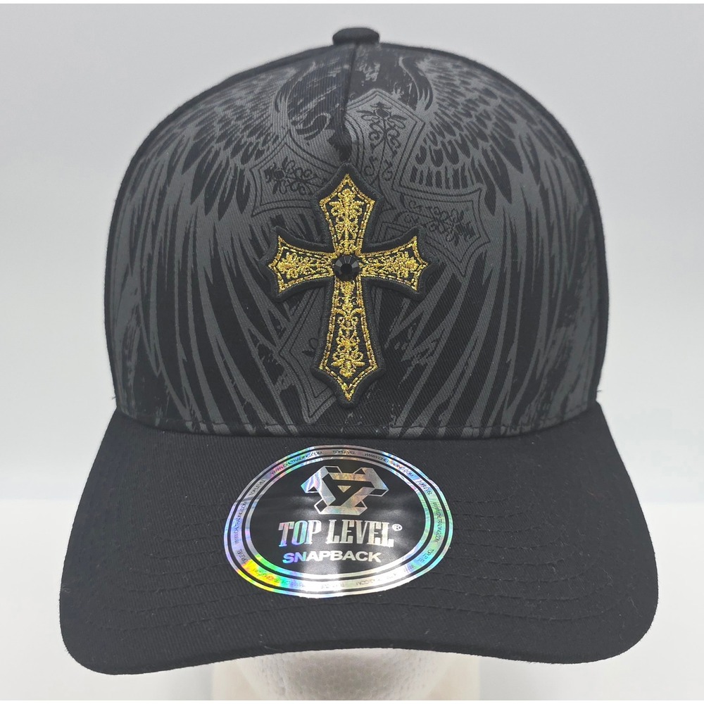 Top Level Faith Snapback Hat Black Gold Cross Wing Cap NWT